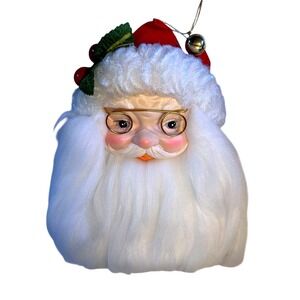 Vintage Santa Claus Porcelain Face Ornament with Glasses and Bell Christmas 7"